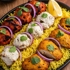 A close-up shot of a delicious Indian mixed chicken platter with tandoori, malai, and tikka chicken served on fragrant yellow rice, garnished with red onions and cilantro, with a lemon wedge.