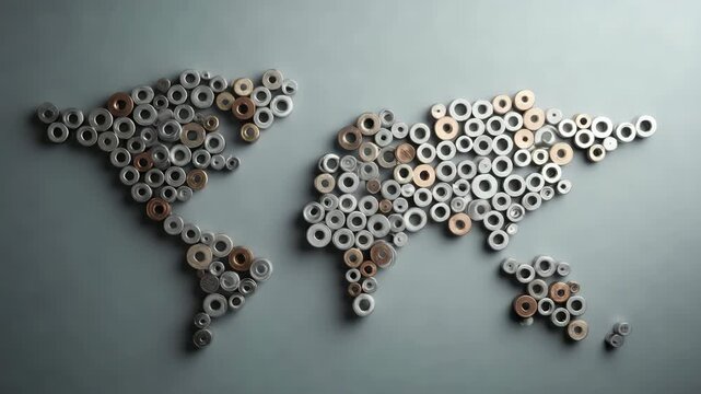A unique world map created from metal nuts and bolts on a grey surface. The map highlights global connections