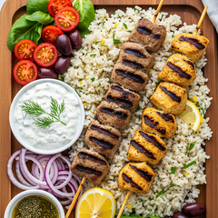 Overhead view of a delicious Greek-style meal featuring grilled meat skewers, fluffy rice, fresh salad, tzatziki, and lemon on a wooden serving tray.