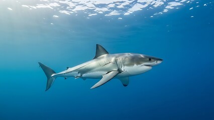 Fototapeta premium Great white shark gracefully navigating sunlit blue ocean waters, a majestic and powerful predator in its natural marine habitat