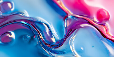 Blue and magenta metallic paint swirls mixing on glossy liquid surface abstract background creative pattern