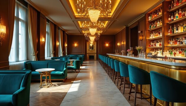 Luxurious hotel bar interior design with elegant seating arrangements. Upscale venue offers cocktails premium drinks. Stylish decor modern design with chandeliers. Atmosphere suggests relaxation