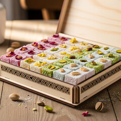 An open wooden box filled with an assortment of colorful Turkish delights, topped with pistachios, almonds, and rose petals, on a rustic wooden table.