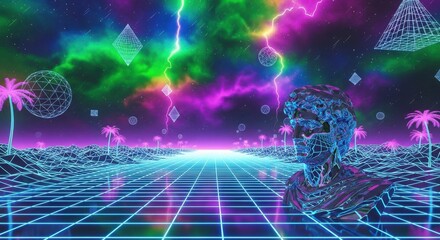 Retrofuturistic Cyberpunk Landscape Sculpture Lightning Sky