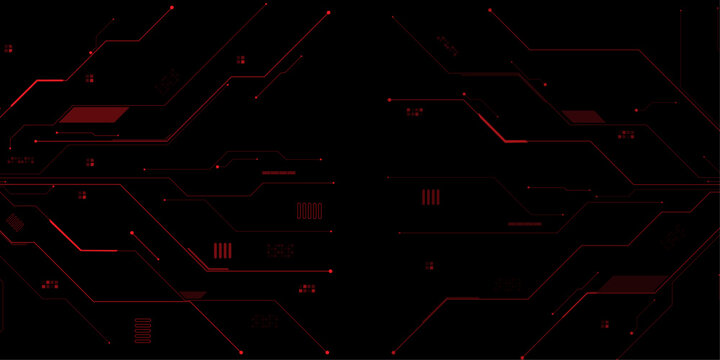Red circuit board on a dark technological background. Thin lines and dots. Glowing light blue neon AI chip with thin circuit contact lines. 