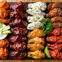 A large platter showcasing an assortment of delicious chicken wings in various flavors, including buffalo, BBQ, garlic parmesan, and spicy red, served with celery and dip.