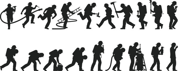 Firefighter silhouettes action set, emergency responders carrying equipment running working poses, fire rescue service collection, isolated black hero outline illustration