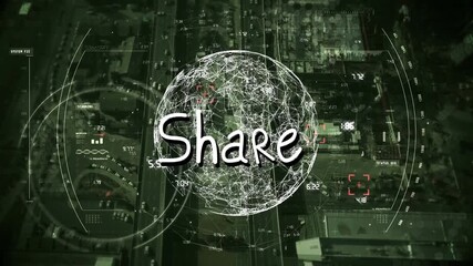 Animation of share text over cityscape and globe - Powered by Adobe