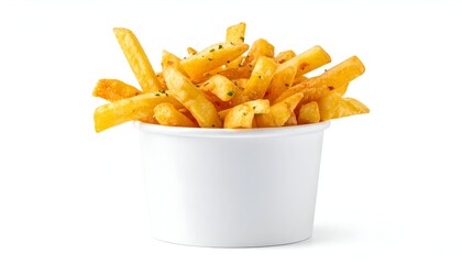 A full cup of golden fried potato strips with seasoning, isolated on white