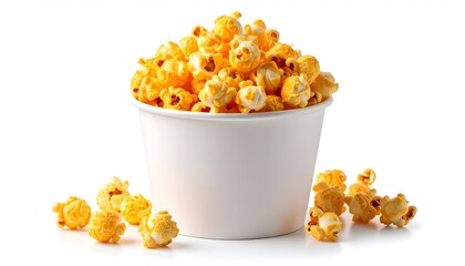 A full white bucket of freshly popped, cheddar-coated popcorn, with some scattered around