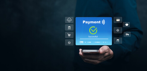 Modern digital payment interface showing successful mobile transaction with contactless technology, fintech service, online banking, and secure cashless payment concept for business and finance.
