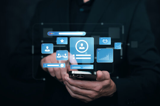 Digital user profile and customer data interface displayed on a smartphone. Concept of digital identity, CRM system, user management, and modern business technology for web, app, and UI design.