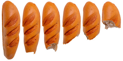 Isolated collection of bitten loaf bread on white background