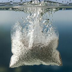A clear plastic bag filled with white powder submerged in water, creating numerous bubbles.