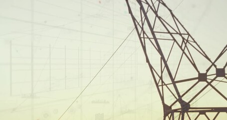 Animation of statistics and data processing over electricity pylon and landscape - Powered by Adobe