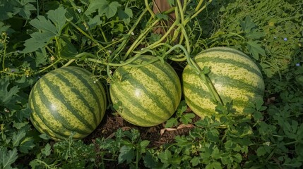 Three ripe watermelons in a garden