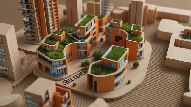 Detailed scale model of sustainable urban housing complex with rooftop gardens showcasing eco-friendly modern architecture and city planning design