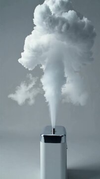 surreal water dispenser releasing clouds, white cloud puffs float upward, vertical 916 loop