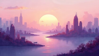 Obraz premium Misty city skyline with skyscrapers at sunset or sunrise. Water reflects pastel purple and pink sky. Bare trees outline islands and shorelines. Distant sun gleams softly through haze.