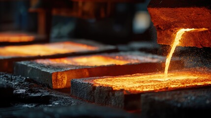 A closeup of molten metal being poured with precision, showcasing growth and innovation in modern metallurgy and material science within an industrial production facility.