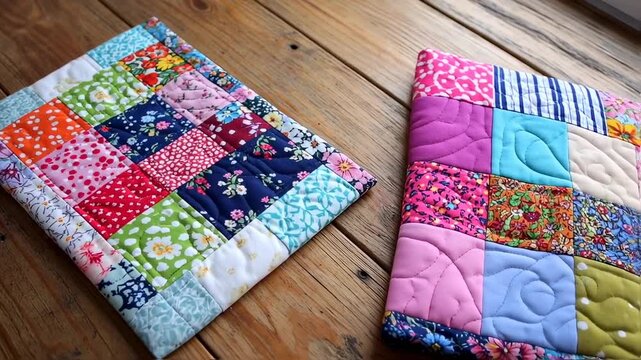 Colorful patchwork quilted coasters on a rustic wooden surface for design ideas