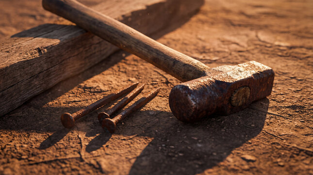 Old rusty hammer and three nails lying on dry ground next to wooden cross beam. Biblical symbol of Jesus Christ crucifixion and Passion during Holy Week. Religious concept of sacrifice.