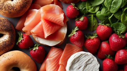 A delightful brunch scene showcases golden bagels topped with creamy cheese and slices of fresh salmon, paired with juicy strawberries and crisp spinach, all on a beautifully arranged table