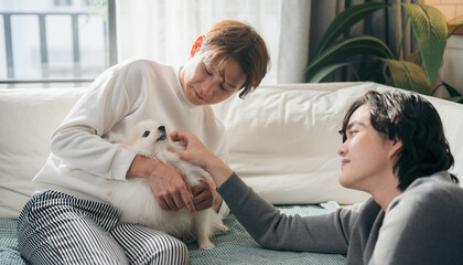 Asian gay couple sitting together and petting their fluffy white Pomeranian. Joyful, affectionate lifestyle scene showing bonding, love, and pet-friendly living at home