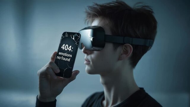 Young person wears virtual reality headset and holds broken phone displaying error message in dark space