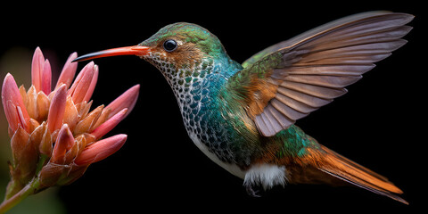 White bellied hummingbird feeding on red flower against black background nature minimalist