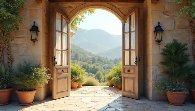 Open doors showcase scenic landscape view. Green trees fill the horizon behind house arch. Stone wall provides rustic elegant charm. Potted plants create inviting patio on vacation.