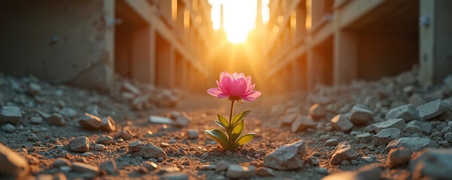 Pink flower blooms amidst urban ruins. Symbol of hope grows in a harsh environment. Sunshine illuminates resilience. A concept of rebirth in a ruined city. The plant determination.
