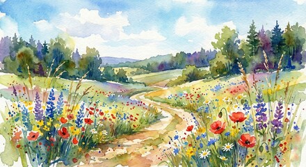 A watercolor painting depicts a winding path through a colorful wildflower meadow, under a vast sky, evoking feelings of serenity and natural beauty.
