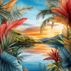 Tropical sunset with vibrant foliage reflection.