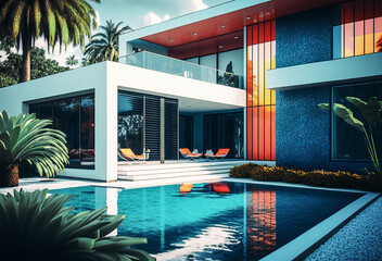 Modern house with swimming pool. Generative AI	
