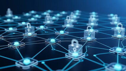 Visual representation of an interconnected digital network secured by glowing padlocks, symbolizing advanced data protection, blockchain technology, and future cybersecurity