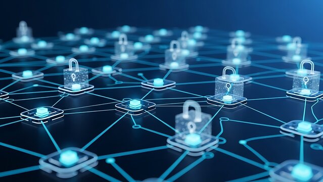 Visual representation of an interconnected digital network secured by glowing padlocks, symbolizing advanced data protection, blockchain technology, and future cybersecurity - Powered by Adobe
