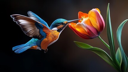 Vibrant bird hovering near a blooming flower.