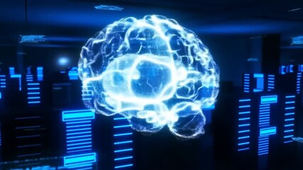 A futuristic digital representation of a human brain, glowing in blue tones, amidst a backdrop of high-tech servers showcasing the intersection of neuroscience and technology. - Powered by Adobe