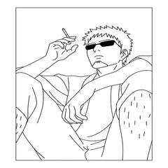Man Wearing Sunglasses Smoking Cigarette Relaxing Indoors Line Art