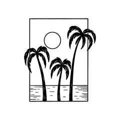 Palm Trees Silhouette Against Sun and Ocean Waves in Minimalist Line Art Style