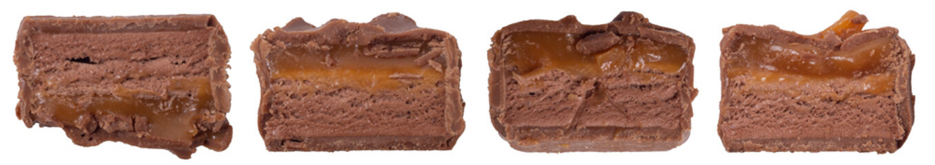 Isolated set of chocolate bar slices on a white background