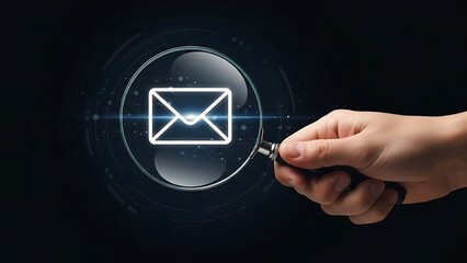 Hand holding magnifying glass over glowing email icon on dark background envelope search