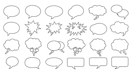 Collection of Various Black Outlined Speech Bubbles and Comic Book Elements.