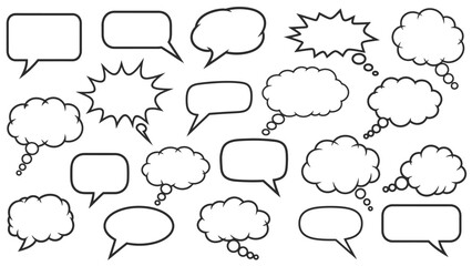 Assortment of Black Outlined Speech Bubbles with Various Shapes and Styles.