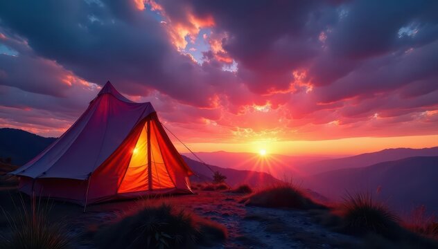 Glowing canvas tent beneath swirling, vibrant sunset, silhouette, dramatic sky - Powered by Adobe