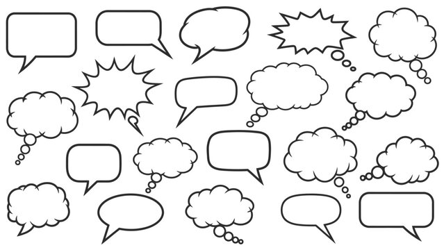 Assortment of Black Outlined Speech Bubbles with Various Shapes and Styles.
