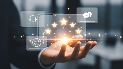 Hand presenting glowing stars and customer feedback icons on a digital interface rating