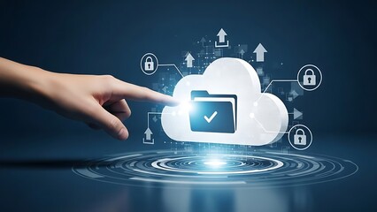 Hand touching cloud storage icon with digital network and security locks cloud computing