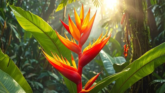 Vibrant heliconia flower blooms amidst lush tropical foliage, illuminated by soft sunlight.